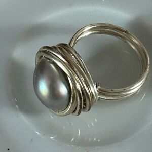 Gray Mabe Pearl Silver Wire Wrapped Ring